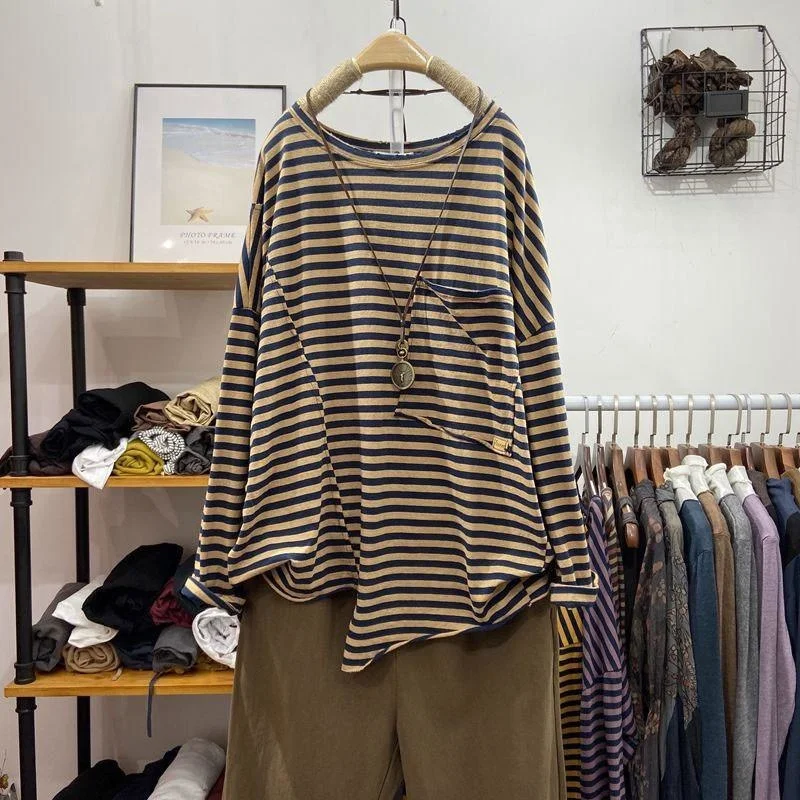 

Spring Autumn Fashion Women Long Sleeve Loose Casual Tshirt 100% Cotton Big Pockets O-neck Striped Tee Shirt Femme Tops V218