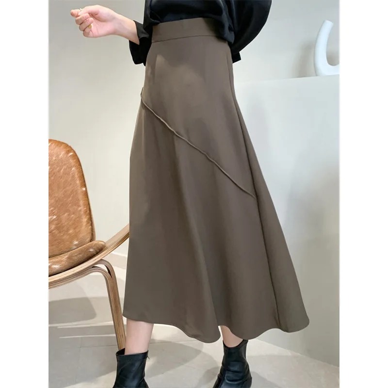 

Korean High Waisted Slim A-Line Skirt Women 2021 Autumn Simple Black Gray Coffee Long Skirts