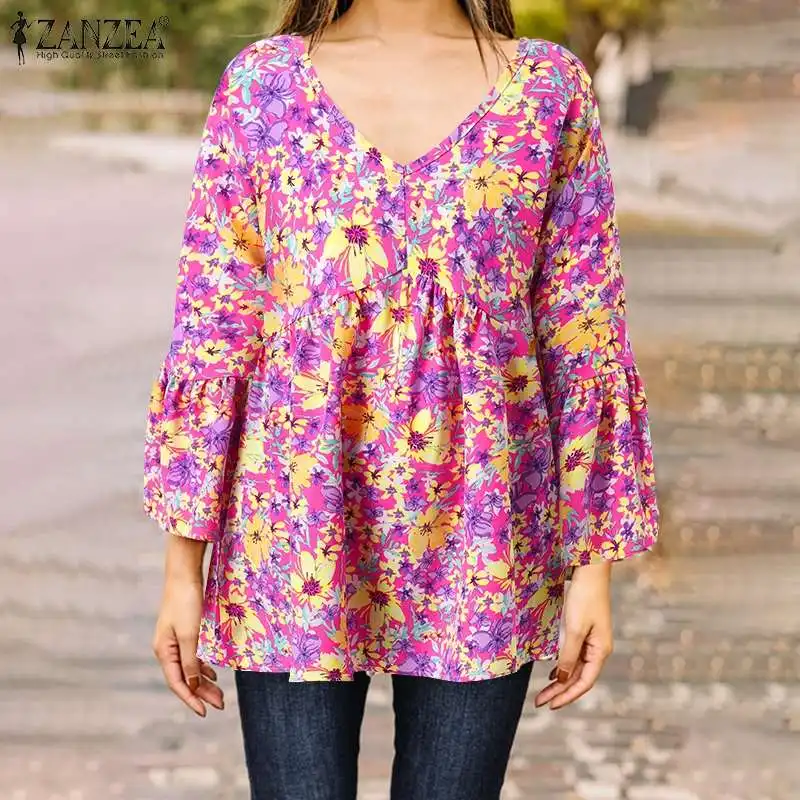 

ZANZEA Bohemian Spring Women V Neck Long Sleeve Holiday Tops Casual Vintage Floral Blouse Shirt Female Party Blusas Femininas