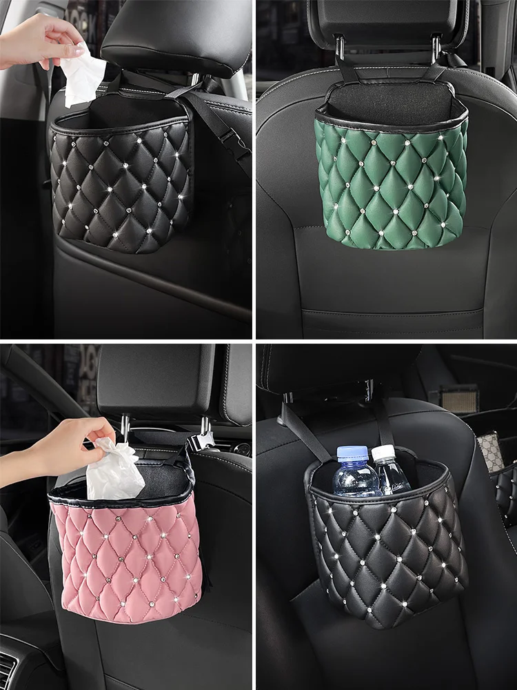 

Car Back Seat Storage Bag Leather Rhinestones Garbage Box Trash Bin Can Diamond Inlaid Pink Auto Organizer Interior For Girls