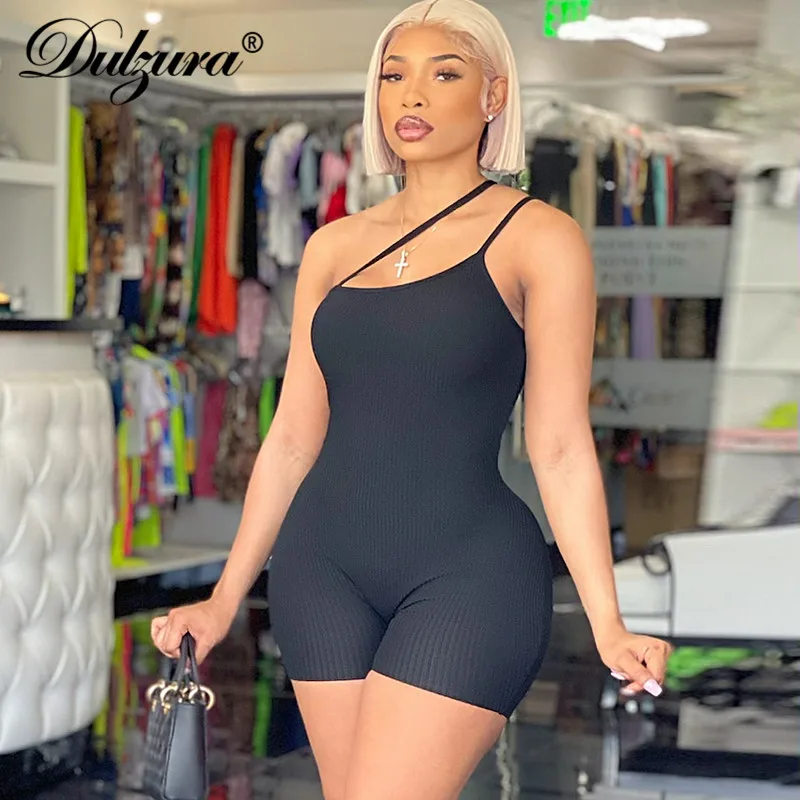 

Dulzura Solid Ribbed Knitted Strap Playsuit Skinny Bodycon Sexy Streetwear Casual Sporty 2021 Summer Clothes Combishort Rompers