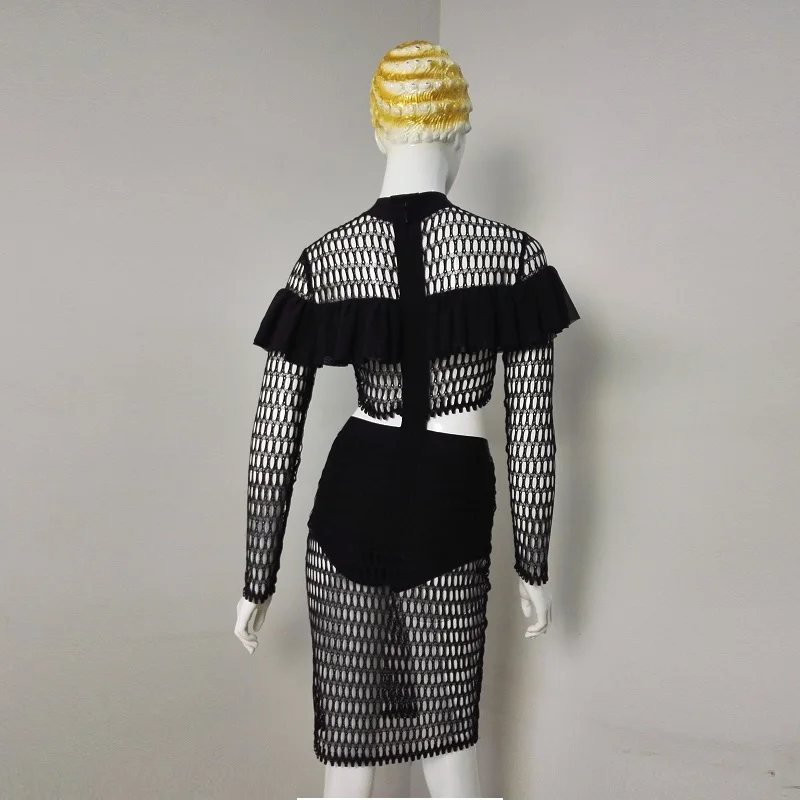 

Women Black Sexy Hollow Out Bodycon Mini Dress Fashion Ruffles High Collar Long Sleeve Bandage Summer Party Club Vestidos 2020