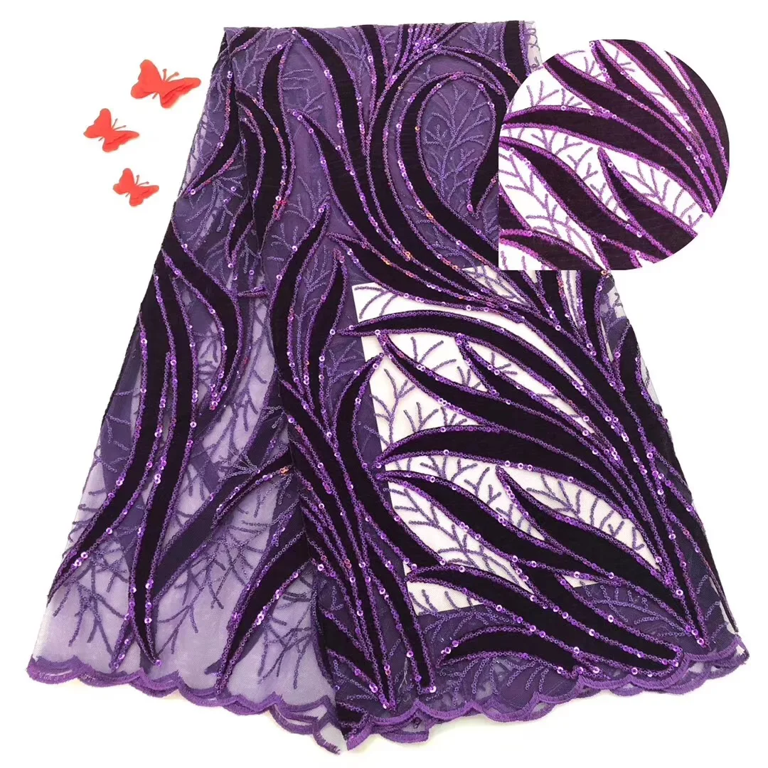 Paarse Kleur Fluweel Kant Afrikaanse Tulle Franse Netto Stoffen Nigeriaanse Bruiloft Mesh Fluwelen Met Sequin | Дом и сад