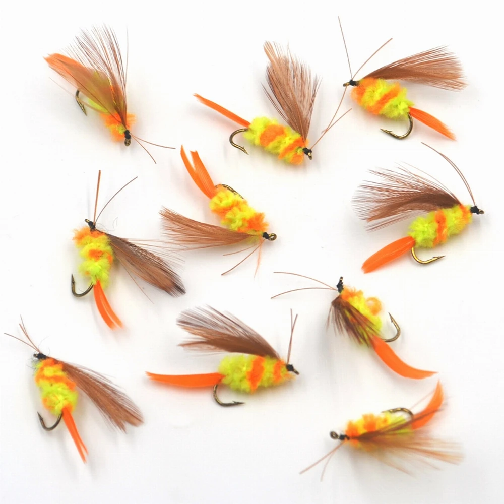 MNFT 10Pcs Yellow Orange Feather Wings Insects Body Nymph Lures Fly Hooks Fishing Flies Mayfly 10# | Спорт и развлечения