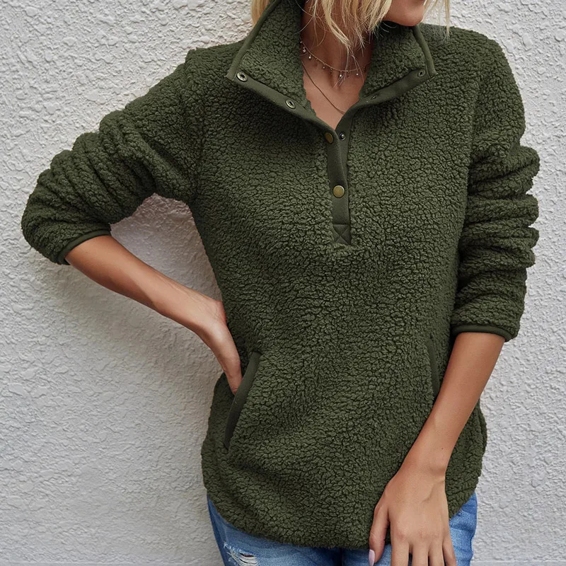 

Women Fleece Sweatshirt Winter Casual Faux Fur Plush Collar Female Hoodies Warm Turtleneck Thick Tops Pockets Pullover