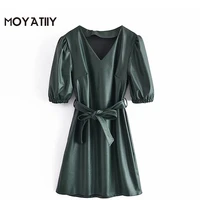 moyatiiy women fashion 2022 leather shiny mini dress with slash highstreet pluff short sleeve dresses a line female vestidos