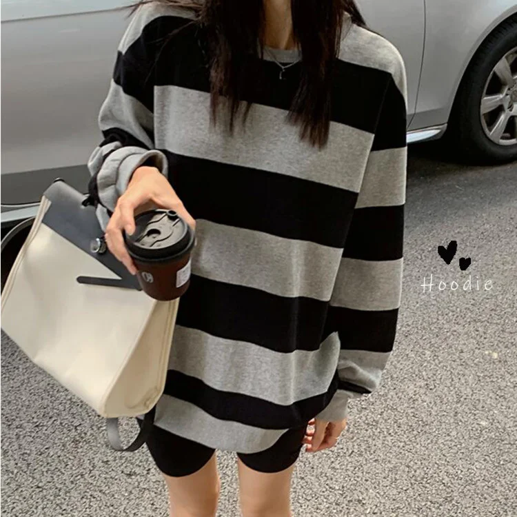 

Lazy Wind Stripe Pullover Women's Early New Loose Thin Medium Long Round Neck Long Sleeve Top