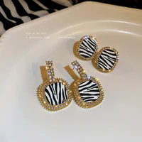 retro diamond studded black and white contrasting stripes earring for women korean fashion girl all match jewelry banquet gifts