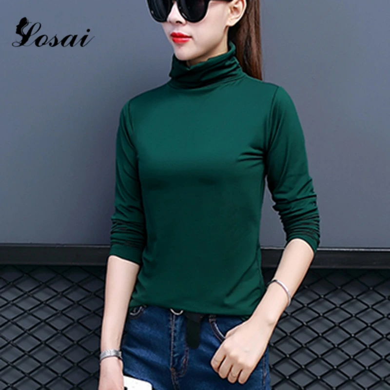 2019 Женская Повседневная футболка с длинным рукавом одноцветная водолазка топы