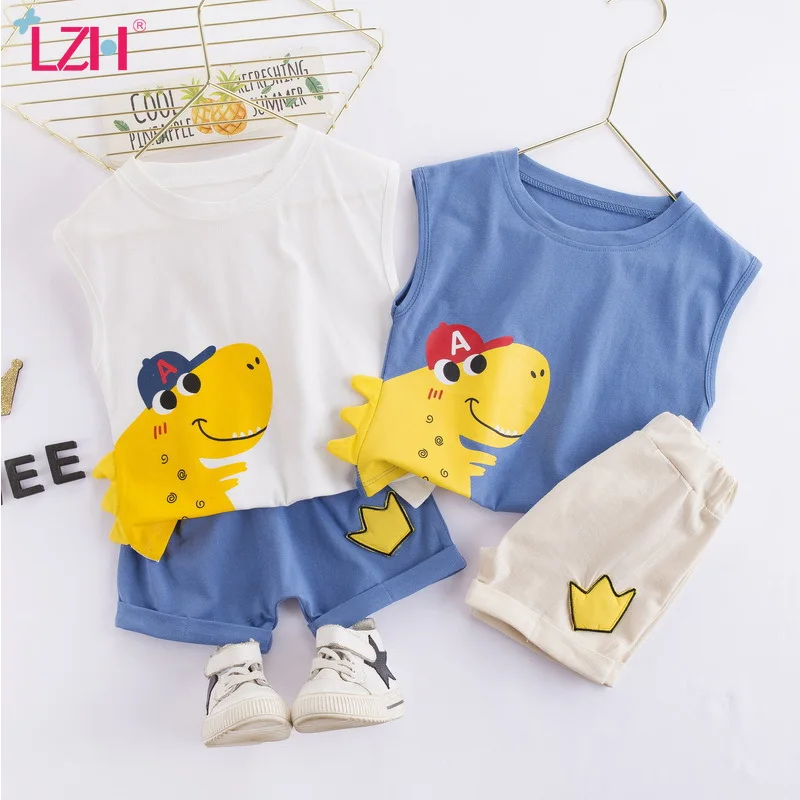 

LZH 2021 New Summer Breathable Sleeveless Clothes For Newborn Casual Cartoon Children's Sports Suit Pure Cotton Infant Kids Sets
