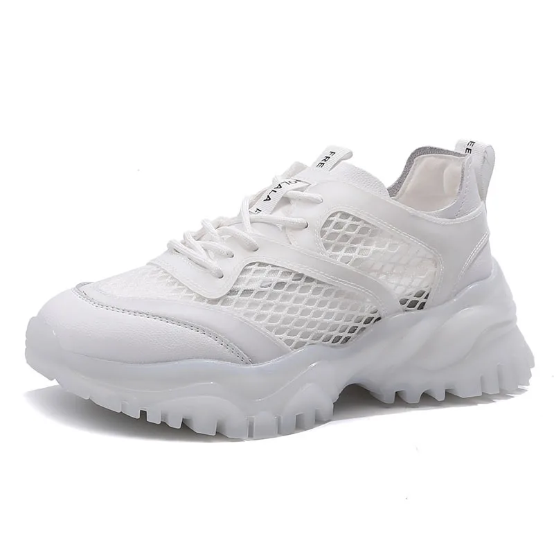 

Fujin Women Summer Shoes Genuine Leather Air Mesh Dad Shoes Chunky Sneakers Hollow Cut Breathable Platform Shoes Vulcanized