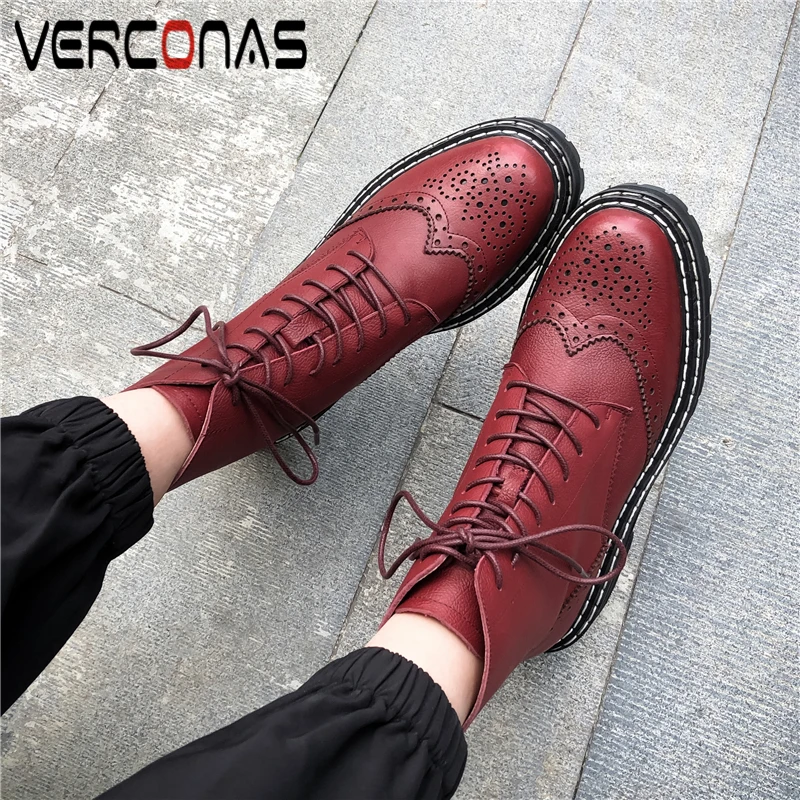 

VERCONAS Retro Casual Ankle Boots For Women Genuine Leather Thick Heels Shoes Woman Autumn Winter New Fretwork Lace-Up Boots