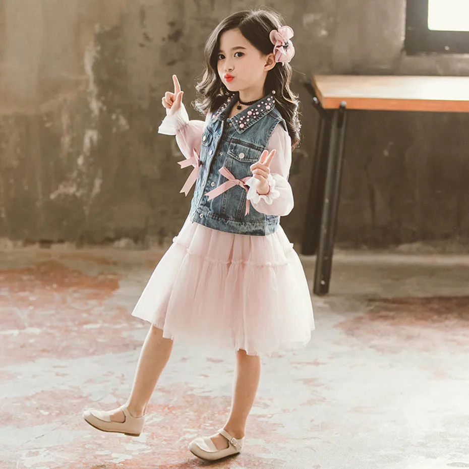 Одежда для девочек жилет + Сетчатое платье спортивные костюмы с украшением из