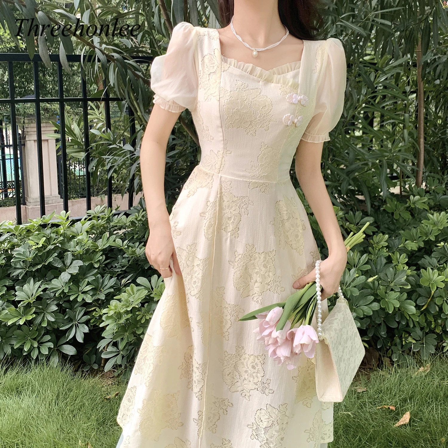 

High Quality Korean Vintage Party Midi Dress Women Casual Elegant Dress Fashion Short Sleeve Embroidery Kawaii Sundress Lady