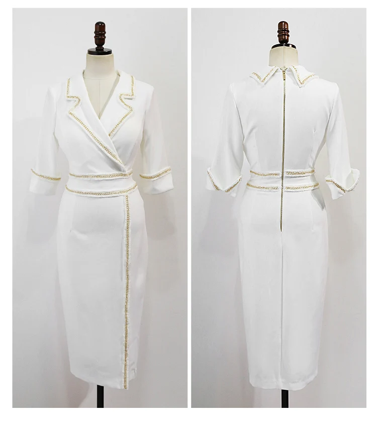 

2020 Korea Notched High Waisted White Vestidos Pencil Split bodycon Knee-Length Office Work Women's OL Dress