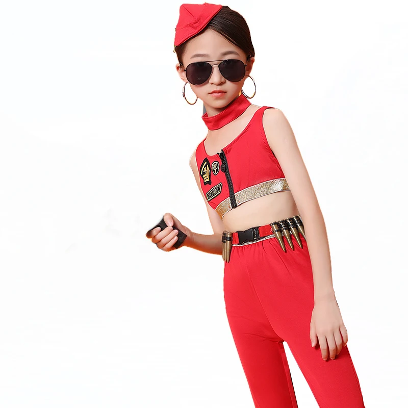 

Children Jazz Performance Dance Costume For Kids Girls Cosplay Army Costume Cheerleading Team Dance Clothes Hiphop Dress VDB2417