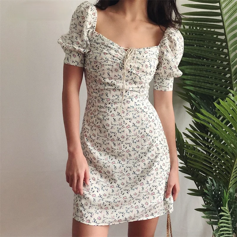 

Summer Dress 2021 Retro Boho Women Tie Neck Floral Print Floral Mini Sexy White Dress Puff Sleeve Korean Vestidos Fashion