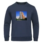 Толстовка мужская с забавным принтом, зимняя теплая толстовка с капюшоном и изображением огромного кота и наклонной башни, 2021