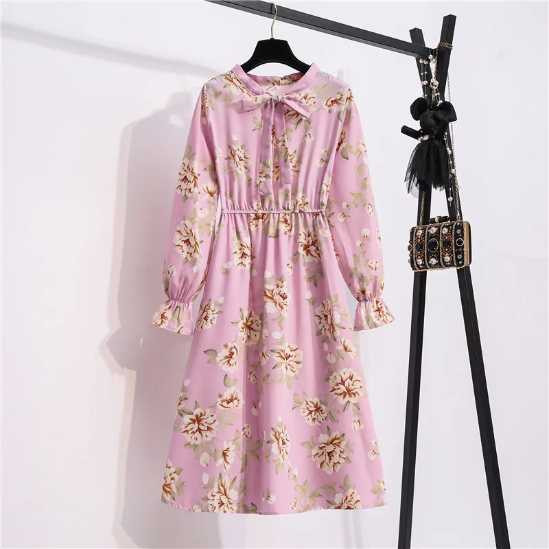 

2021 Long Sleeve Elastic Waist Elegant Vintage Dresses Women Sweet Autumn Spring Shirt Dress Bow Collar Floral Print