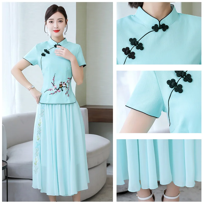 

2020 ladies cheongsam dress two-piece suit summer mom women's Chinese style short-sleeved shirt skirt suit fashion elegant slim