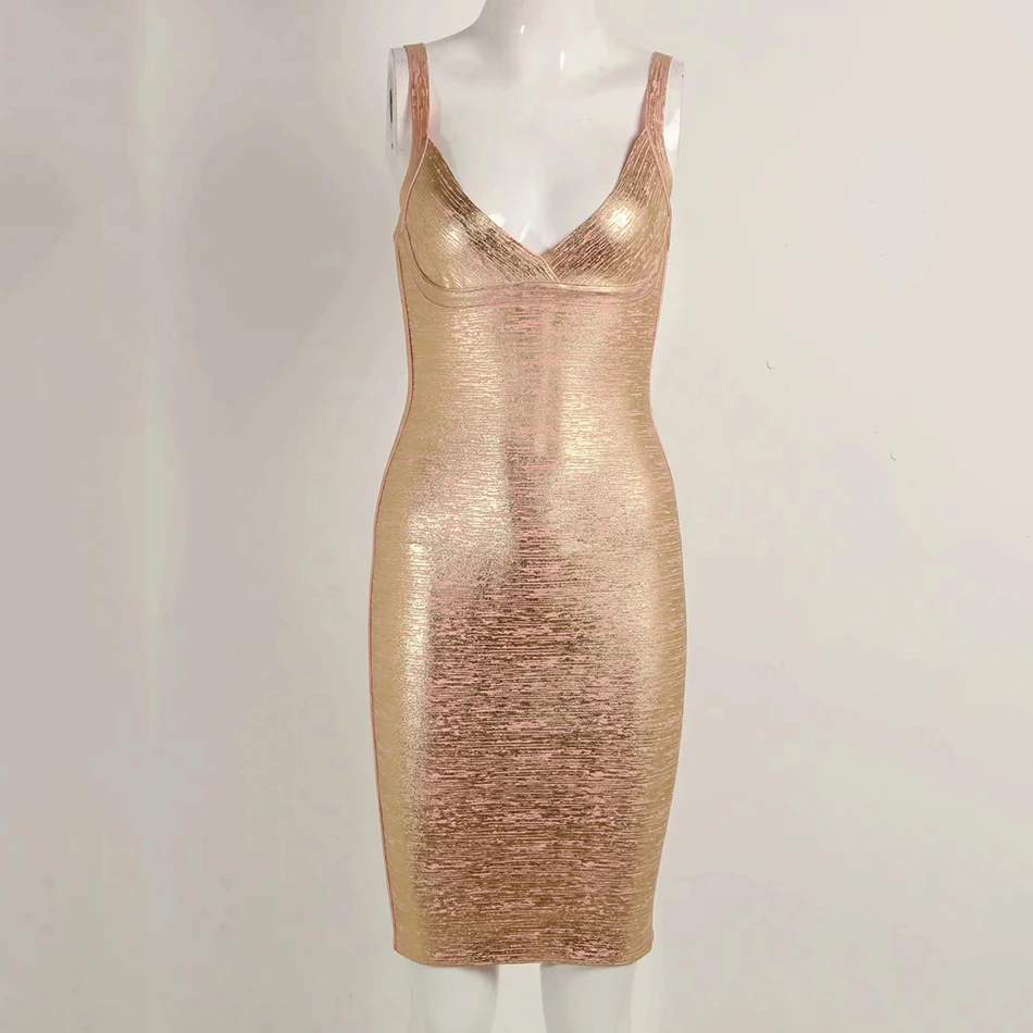 Amily. c новое летнее женское облегающее Бандажное платье Vestidos Золотое розовое золото и серебро с v-образным вырезом тонкое модное женское платье