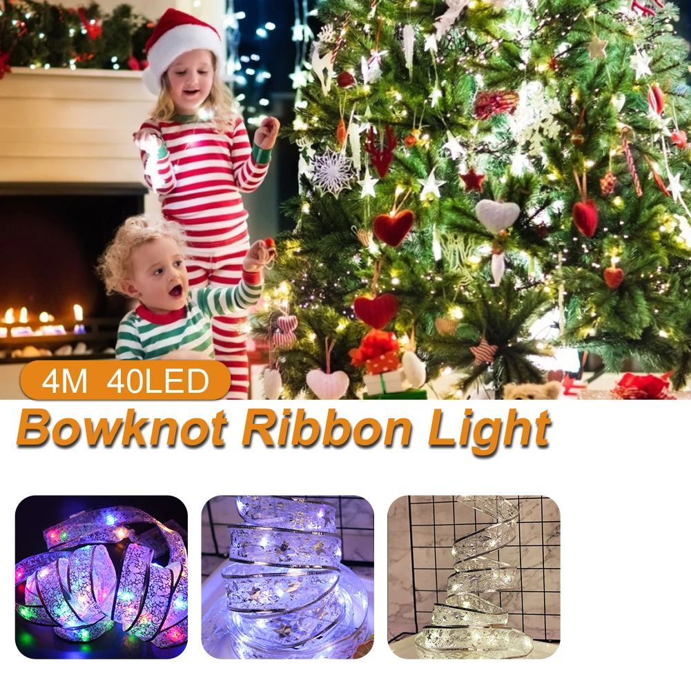

40 LED 4M Double Layer Fairy Lights Strings Christmas Copper Wire Ribbon Bows With LED Christmas Tree New Year Home Decor