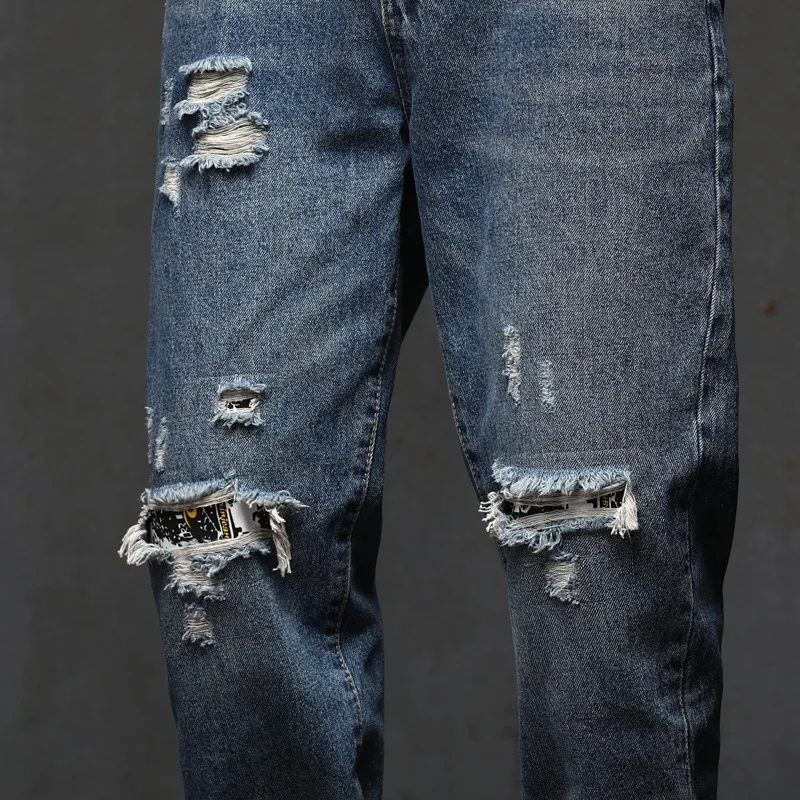 

American Style Dilapidated Jeans Casual Pants Blue Patch Jeans Men's Loose Autumn And Winter Fashion Men's Pants Jean