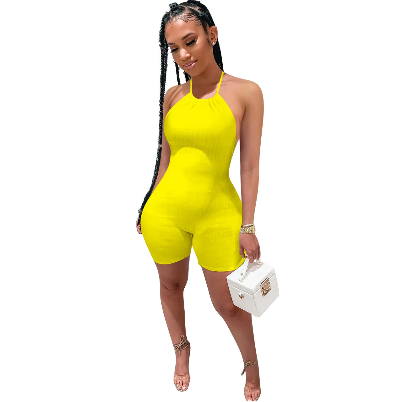 

European and American fashion strappy ribbed backless sexy jumpsuit