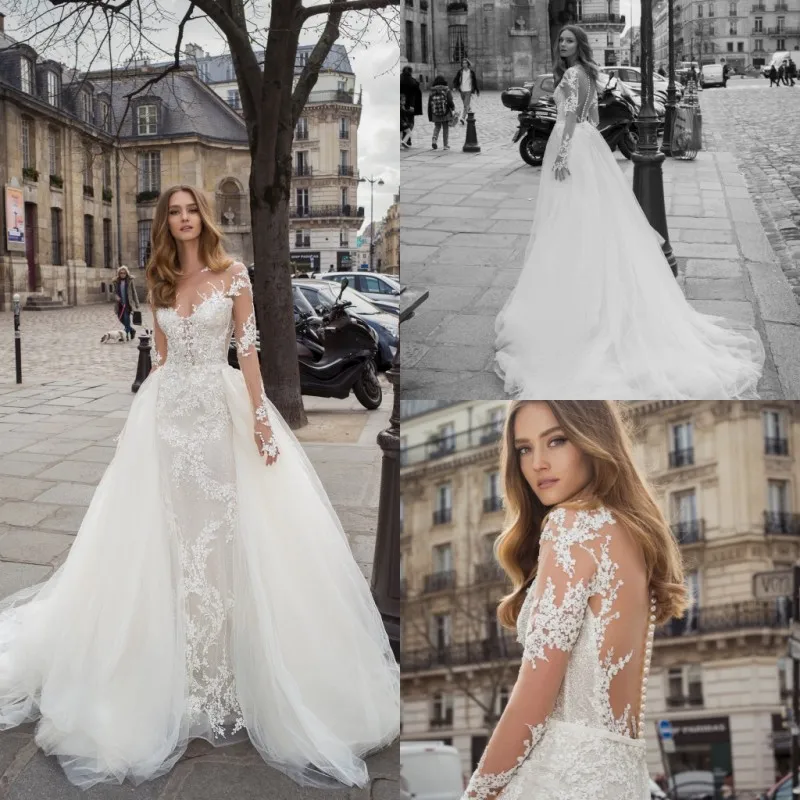 

Julie Vino 2020 Wedding Dresses Long Sleeves Detachable Train Lace Appliques Bridal Gowns Backless A-Line Wedding Dress