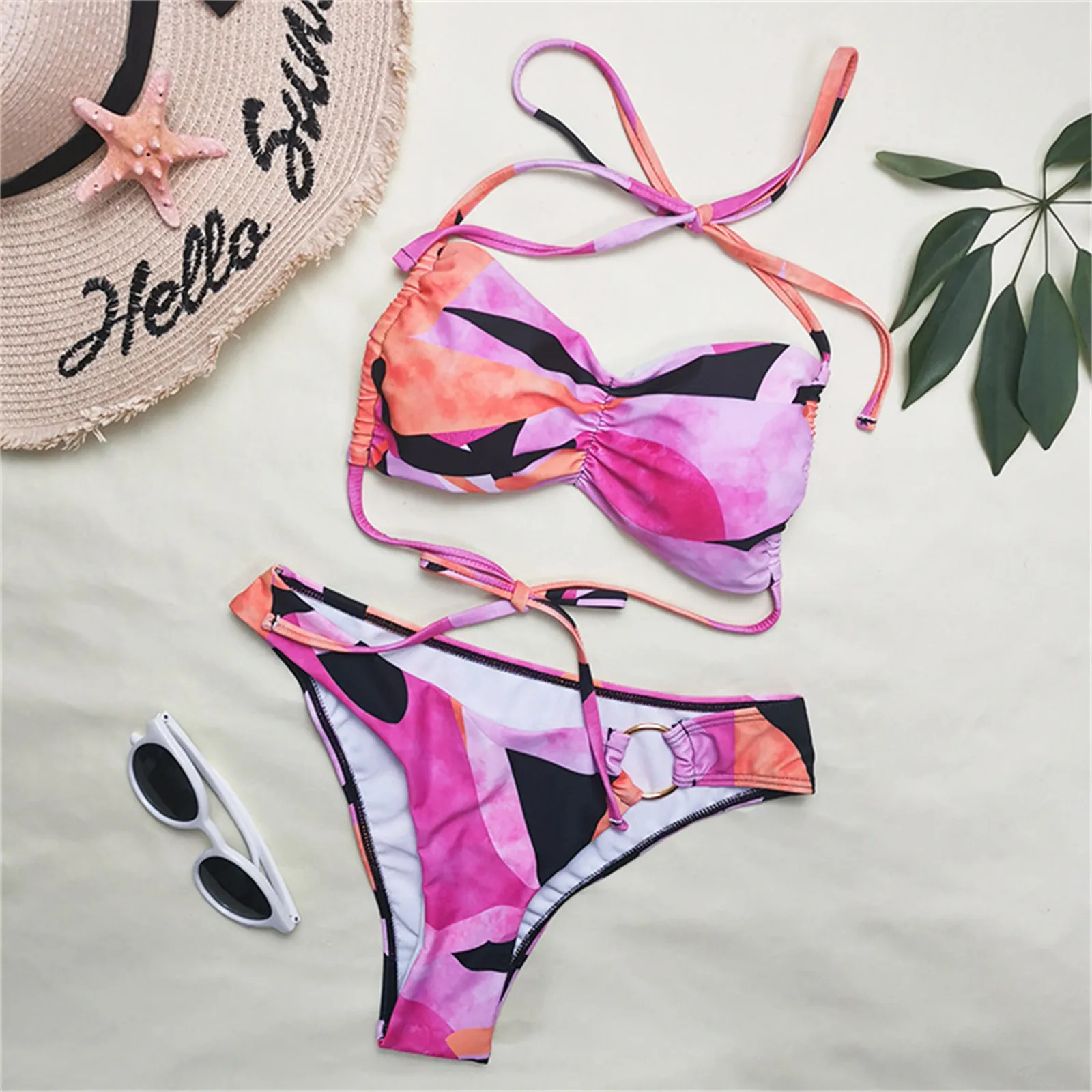 

New Women's Swimsuit Sexy Solid Color Halter Bandage Bikini Set Swimwear Bathing Suit Beachwear Traje De Bao Para Mujer 2021
