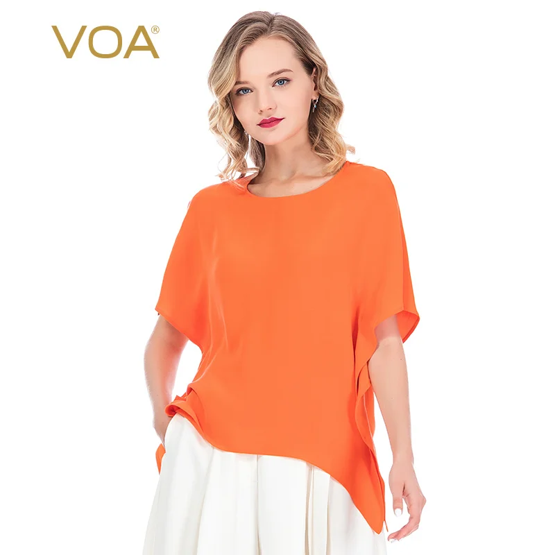 Preise VOA Schwergewicht Seide 30 Mt/mt Zu Japan Orange Rundhals Schulter Fledermaus Ärmeln Lose European American Plus Größe T-shirt BE210