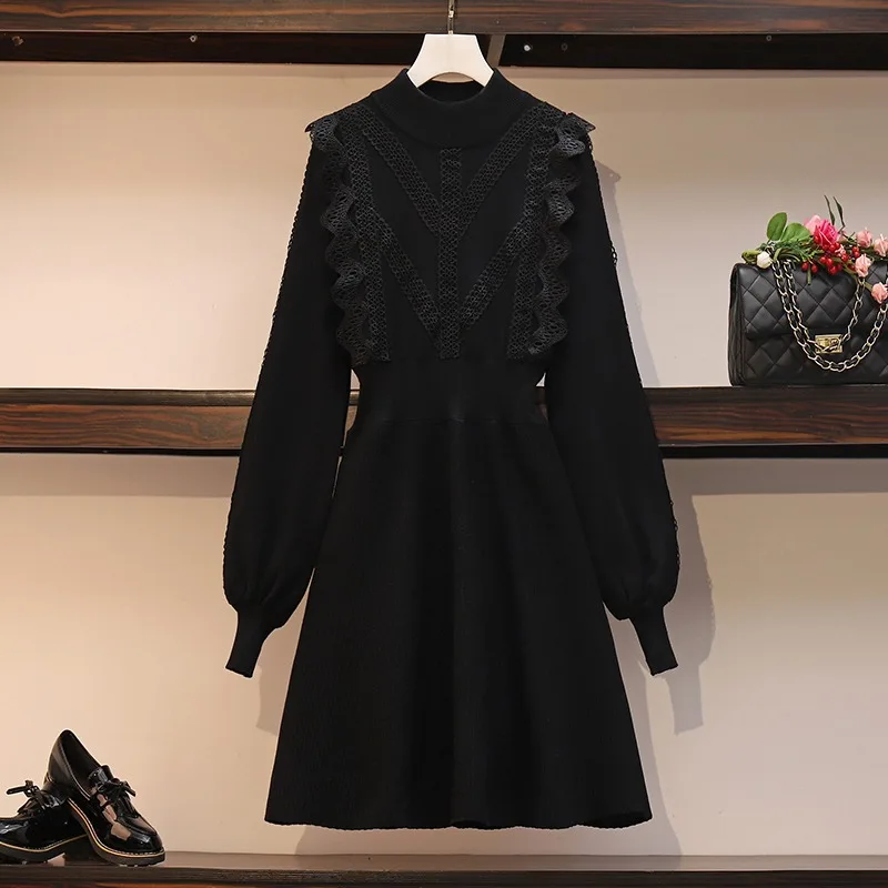 

L-4XL Autumn O-Neck Knitting Pullover Dress Women Designer Lace Splicing Long Sleeve Slim Sweater A-Line Dresses Plus Size