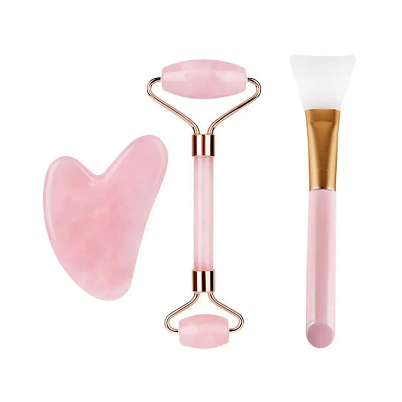 

Rose Quartz Roller Gouache Scraper For Face Silicone Facial Mask Brush Jade Guasha Facial Neck Anti-Cellulite Massager Skin Care