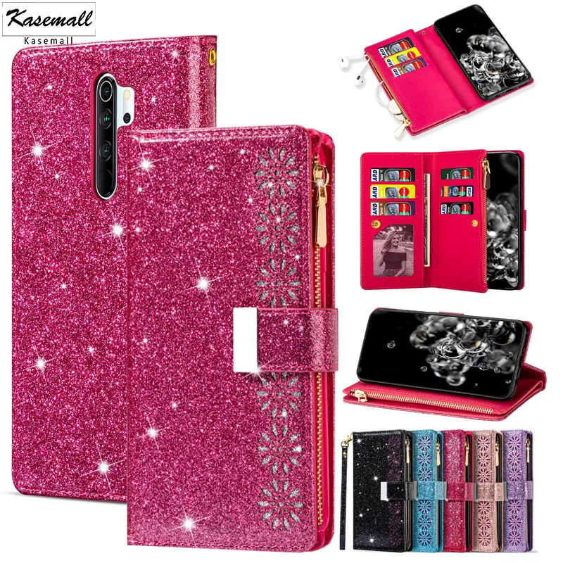 

Zipper Bling Case For MI 11 10T Poco X3 NFC Redmi 9 Note 8 9 Pro 8A K30 Glitter Leather Wallet Flip Card Stand Mi 9 10 Pro Coque