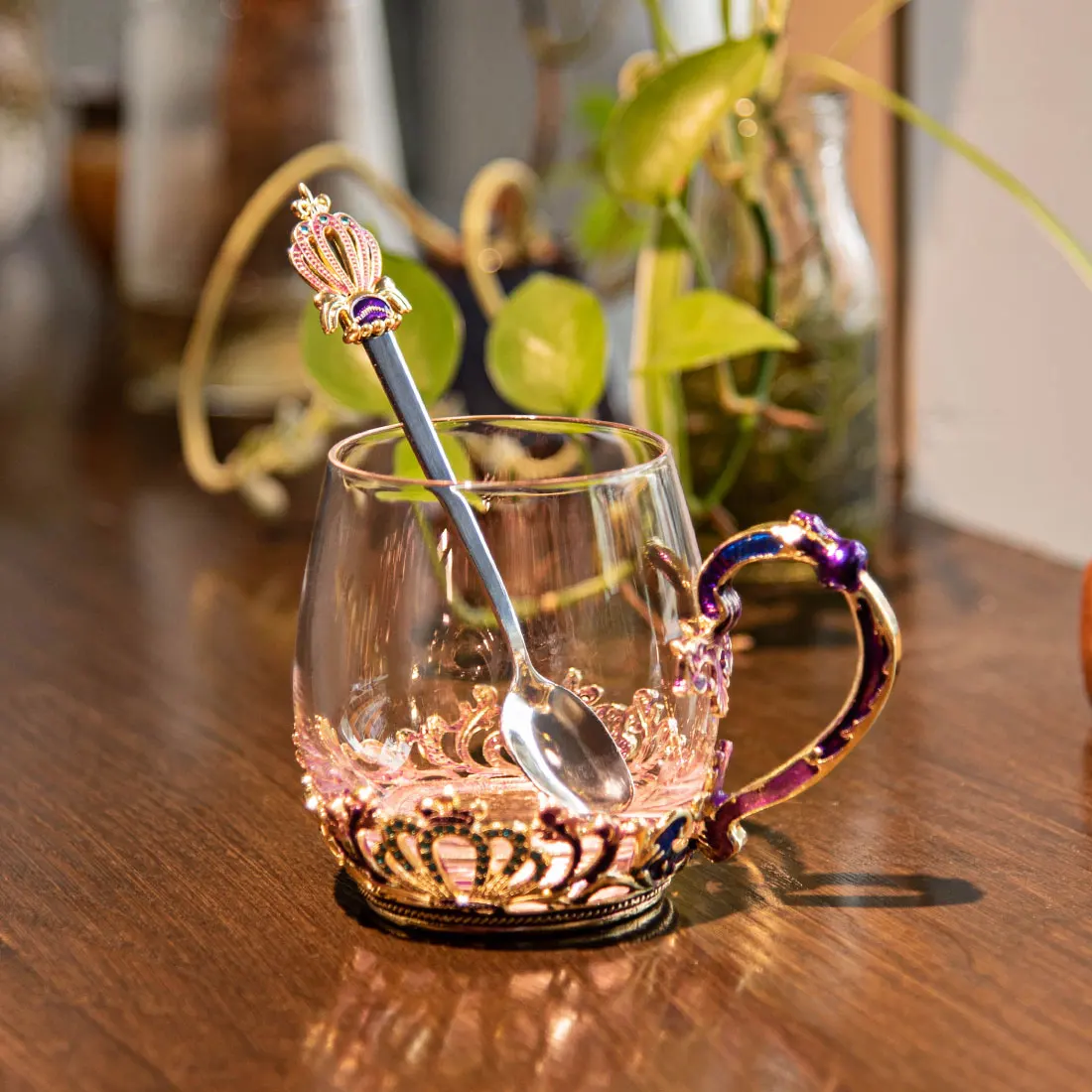 

Personality Purple Crown Vintage Enamel Glass Cups Tea Coffee Cup Lemon Drinking Best Gift For Friend