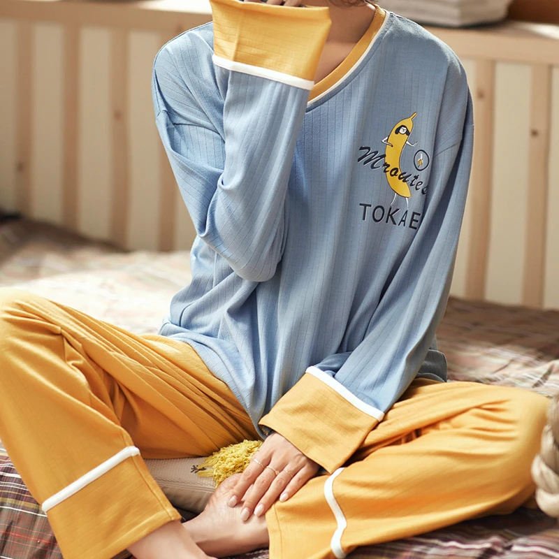 

Autumn and Winter Big code V-neck Women's Sleepwear Set Long Sleeve Pants print Pure Cotton Women Sleepwear Ladies Pajamas