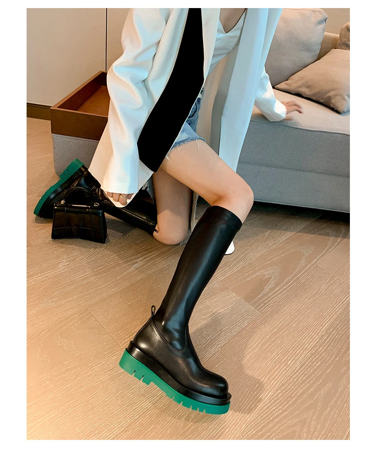 

Purple Platform Stretch Boots Women's Knee-length 2020 Autumn / Winter Round Toe Mid-heel High Side Zipper Fashion Boots Women