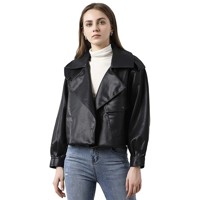 

Fitaylor Autumn Turndown Collar Soft Faux Leather Short Jacket Women Loose Streetwear Punk Pu Coat Motorcycle Biker Outerwear