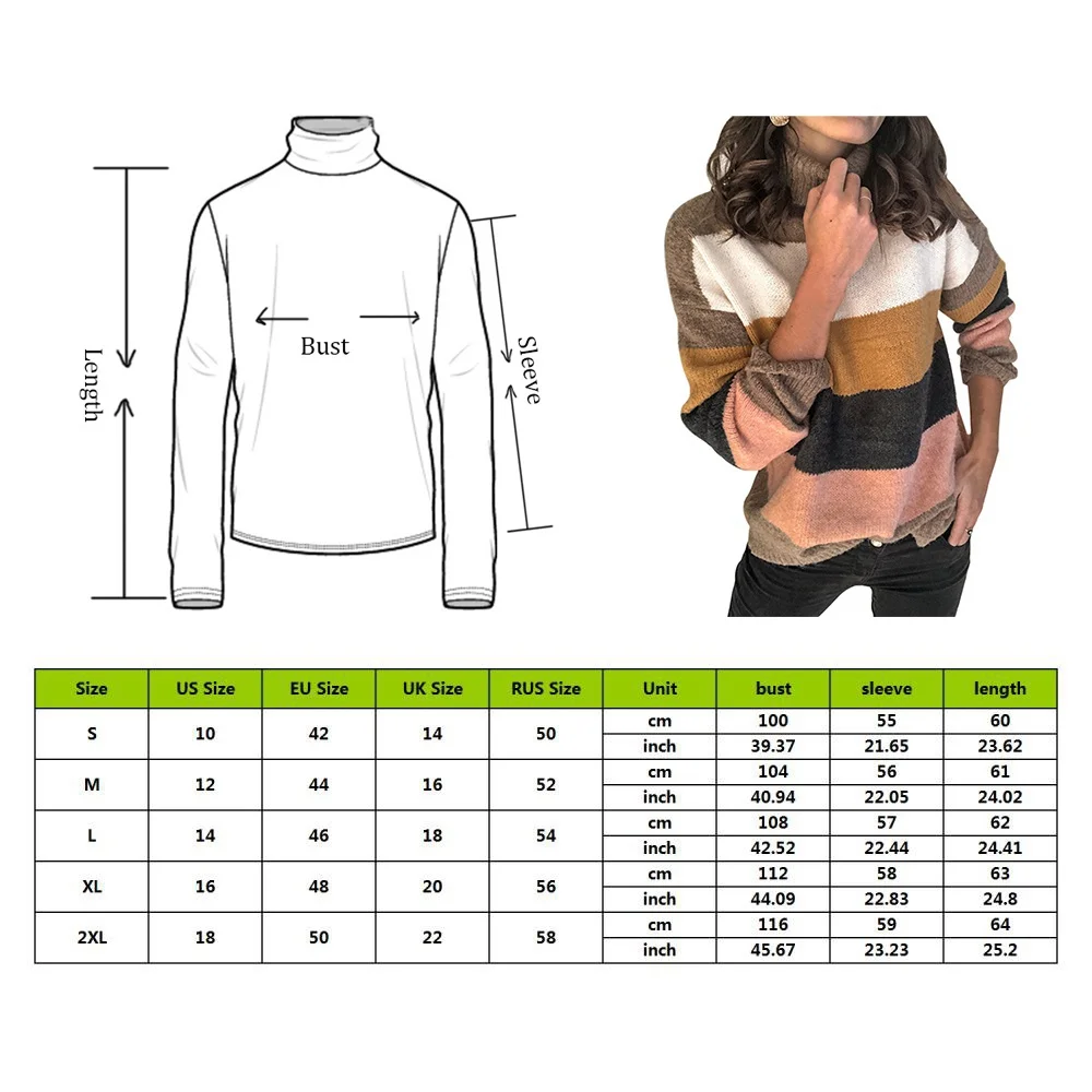 

Vintage Striped Women Sweaters Autumn Winter Turtleneck Pullovers Jumpers Female Knitted Tops Casual femme Knitwear