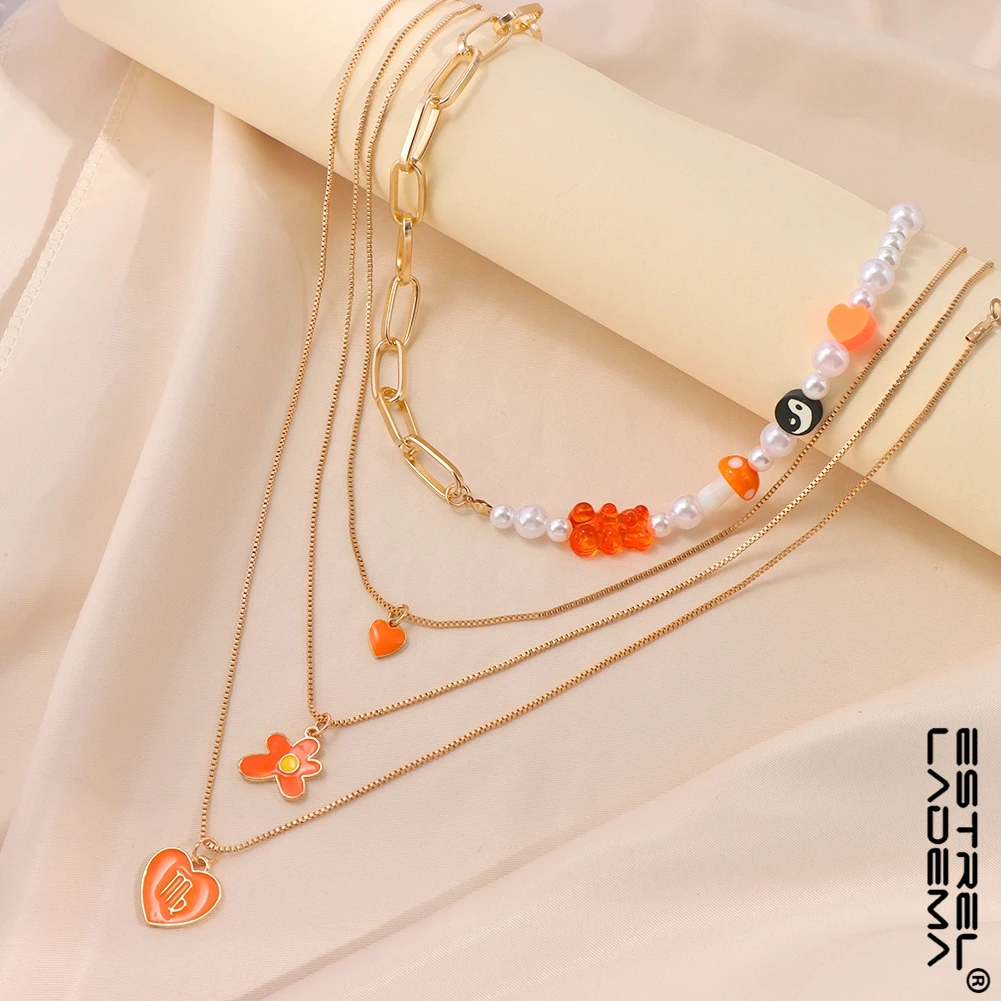 

Multi layer Flower Heart Asymmetric Beaded Metal Chain Necklace For Women Gummy Bear Pearl Mushroom Choker Necklaces Y2k Jewelry