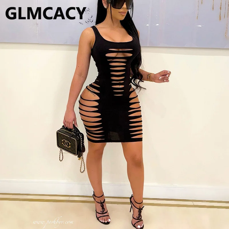 

Women Plus Size Sleeveless Ripped Hole Sexy Bodycon Mini Dress