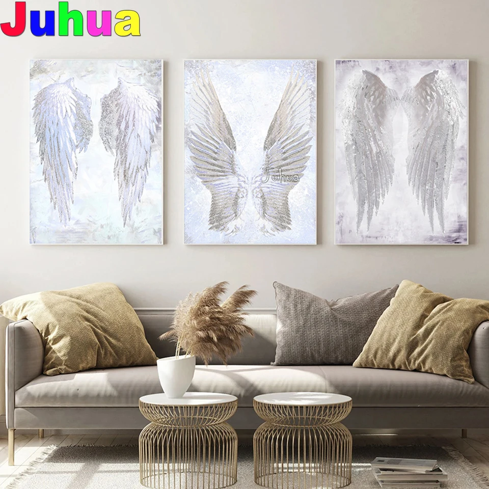 

5d Triptych Diamant Painting White Angel Wings Feather Full Round Diamond Mosaic cross stitch diamond embroidery Aesthetic Gift,