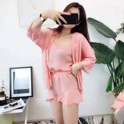 Korean Version Thin New Velvet Three Piece Pajamas Women's Suspender Pajamas Coat Home Clothes Spring Summer Autumn Sleep Tops