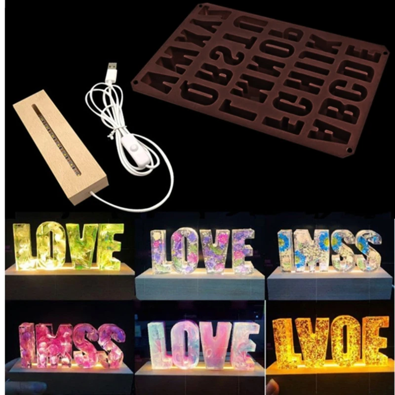

1 Set Alphabet Epoxy Resin Mold with LED Light Dispaly Base English Letters Pendant Casting Silicone Mould DIY Crafts Mold