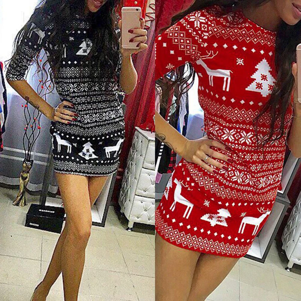 Зимнее женское платье средней длины с принтом рождественской елки круглым