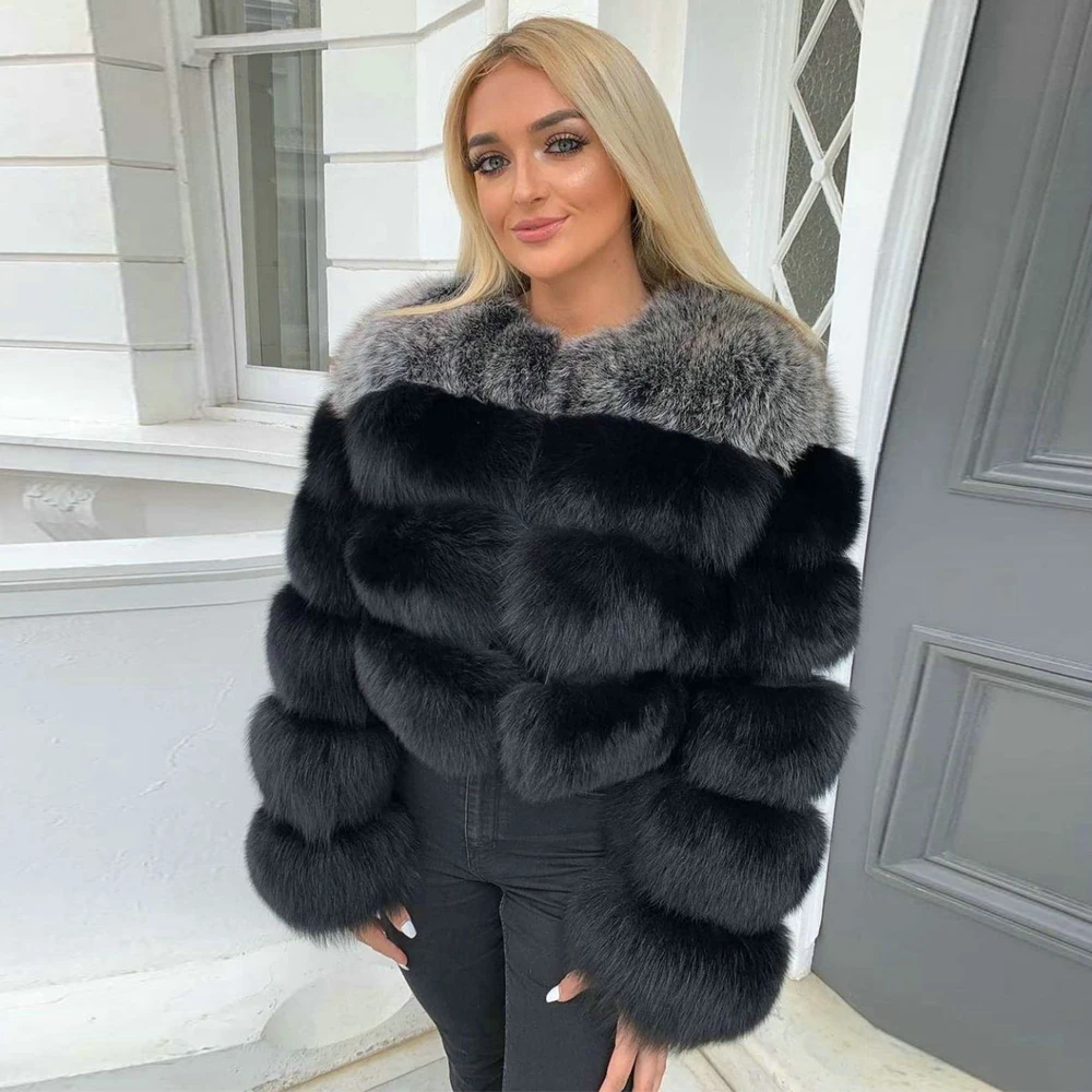 Fashion Women Real Fox Fur Coat Round Collar Color Patchwork Whole Skin Genuine Fox Fur Jacket Female Trendy Fur Overcoat Luxury
