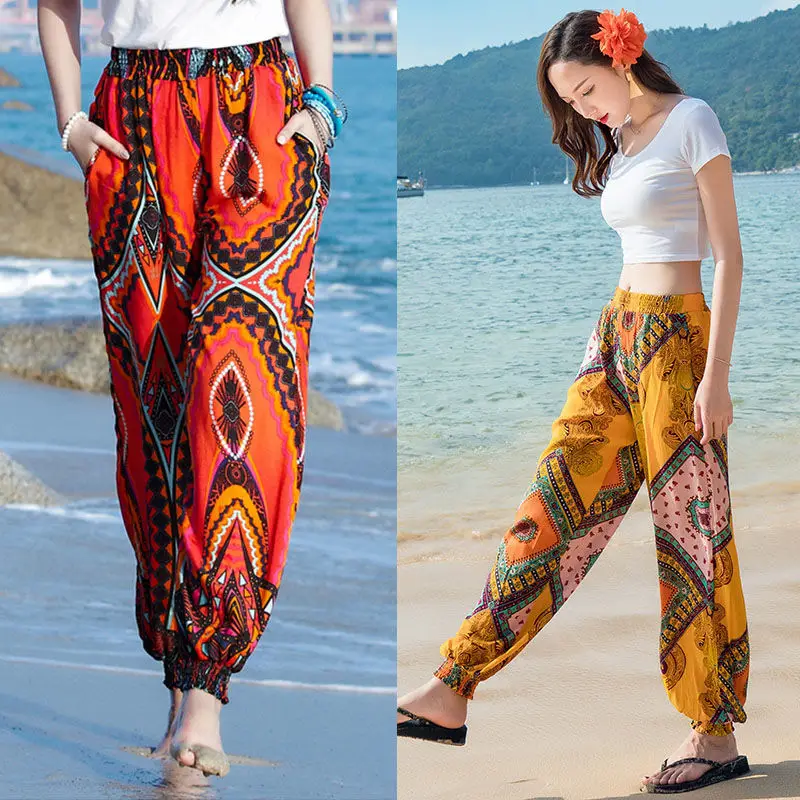 Viscose bigger sizes flower pants pants seaside beach pants in the summer of Thailand national wind slacks wide-legged pants