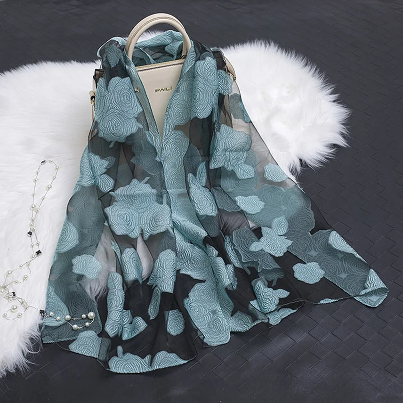 Женский шарф с листьями и цветами длинный из органзы высокого качества