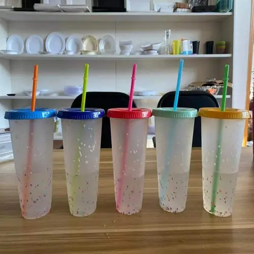 

Color Changing Cup With Straw Reusable Plastic Tumbler Sequined Glitter Cup Coffee Juice Outdoor Mug Children School Drinking