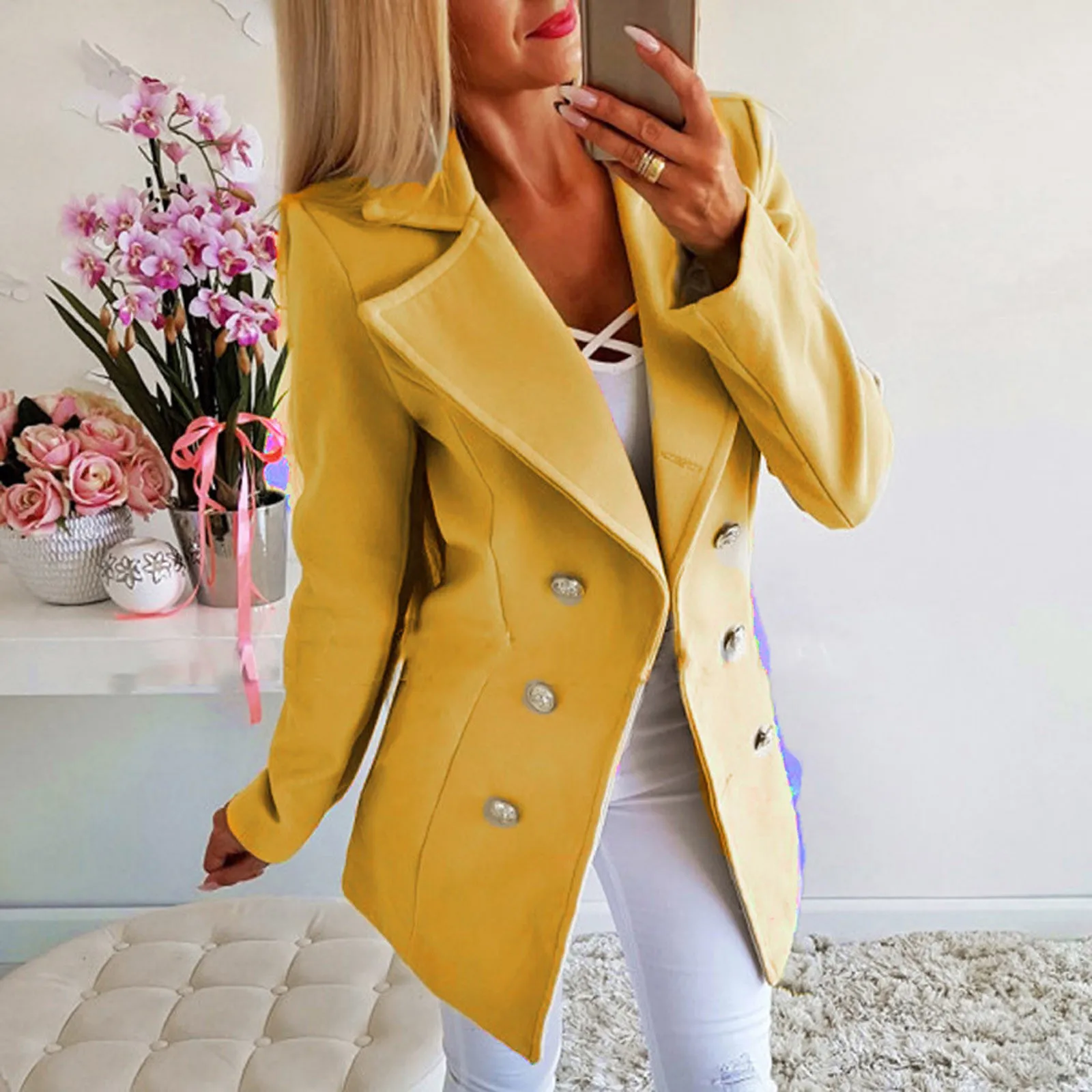 

Fashion Women Casual Solid Color Coat Adults Autumn Elagant Fashion Long Sleeve Lapel Neckdouble Breasted Belted Trench Coat